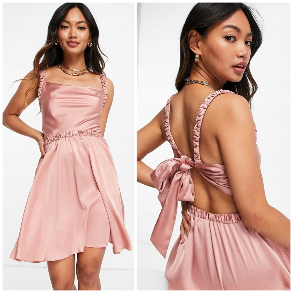 ASOS Design Blush Mauve Pink Satin Mini Dress 14 XL Cut Out Bow Back Skater